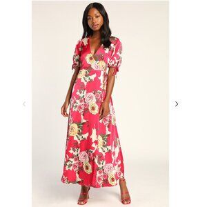 NWT Lulu's Women's Size Medium Loveable Look Pink Floral Print Wrap Maxi Dress